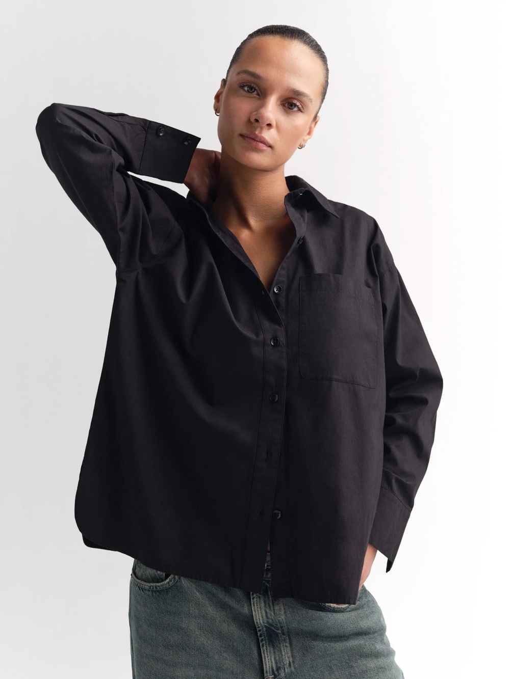 Mate The Label Organic Poplin Long Sleeve Button Down Jet Black